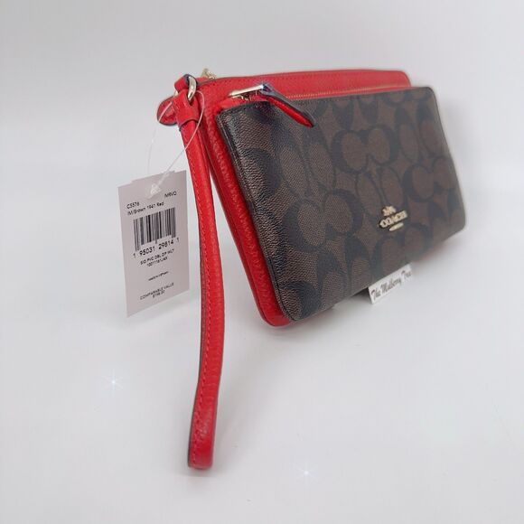 Coach C5576 Double Zip Leather Brown 1941 Red Wristlet Card Wallet Clutch NWT - Picture 5 of 9
